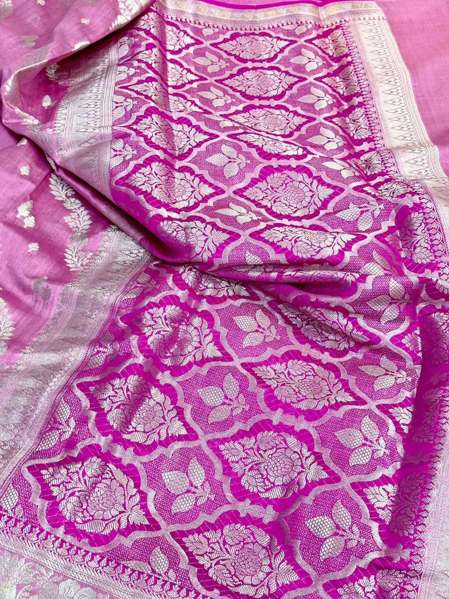 Barbie Pink Leheriya Pure Chiniya Silk Banarasi Saree