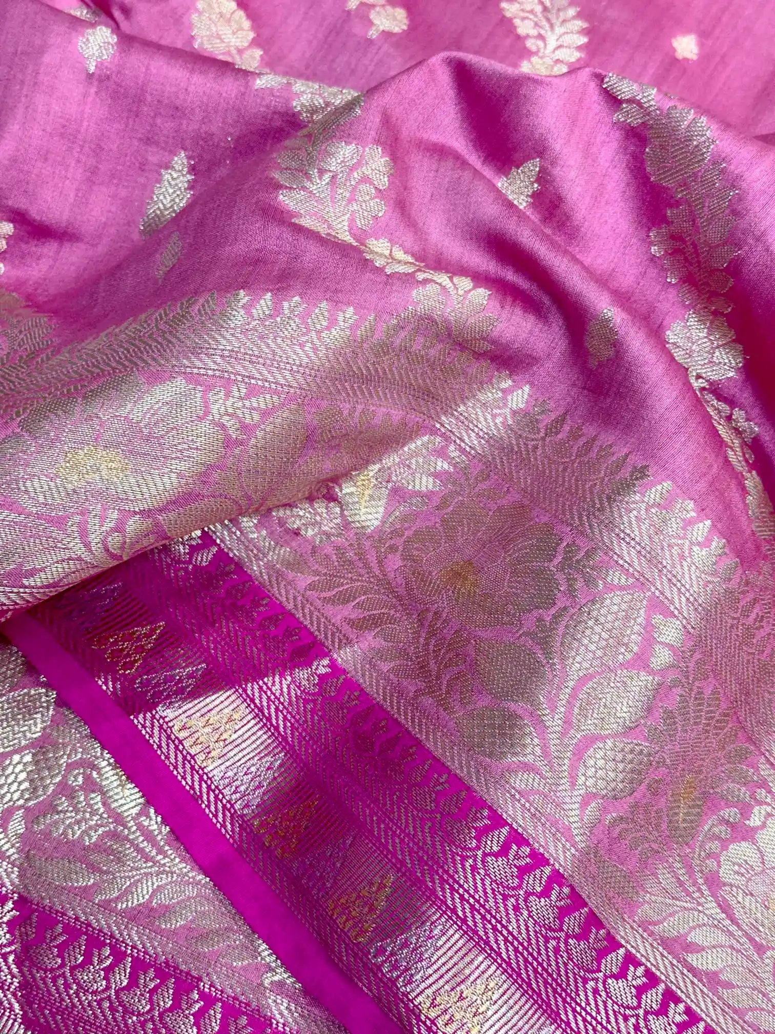 Barbie Pink Leheriya Pure Chiniya Silk Banarasi Saree