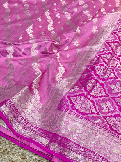 Barbie Pink Leheriya Pure Chiniya Silk Banarasi Saree