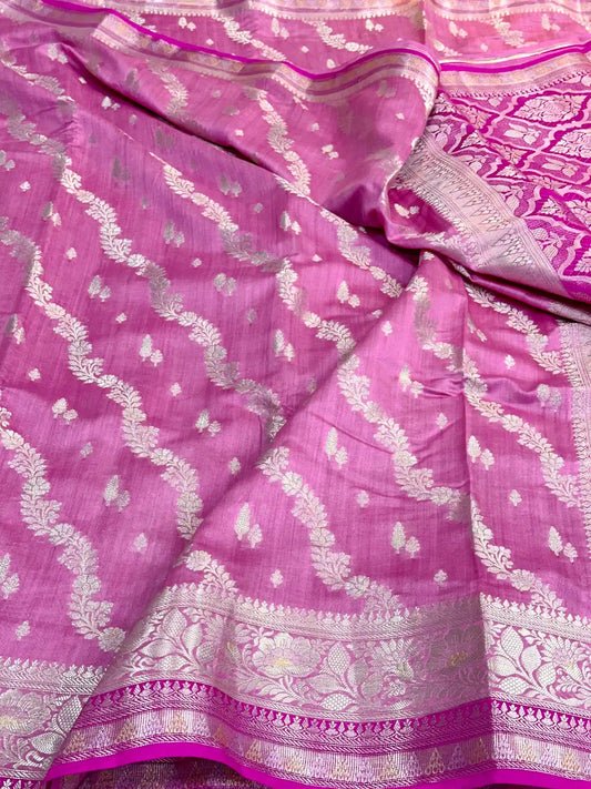 Barbie Pink Leheriya Pure Chiniya Silk Banarasi Saree