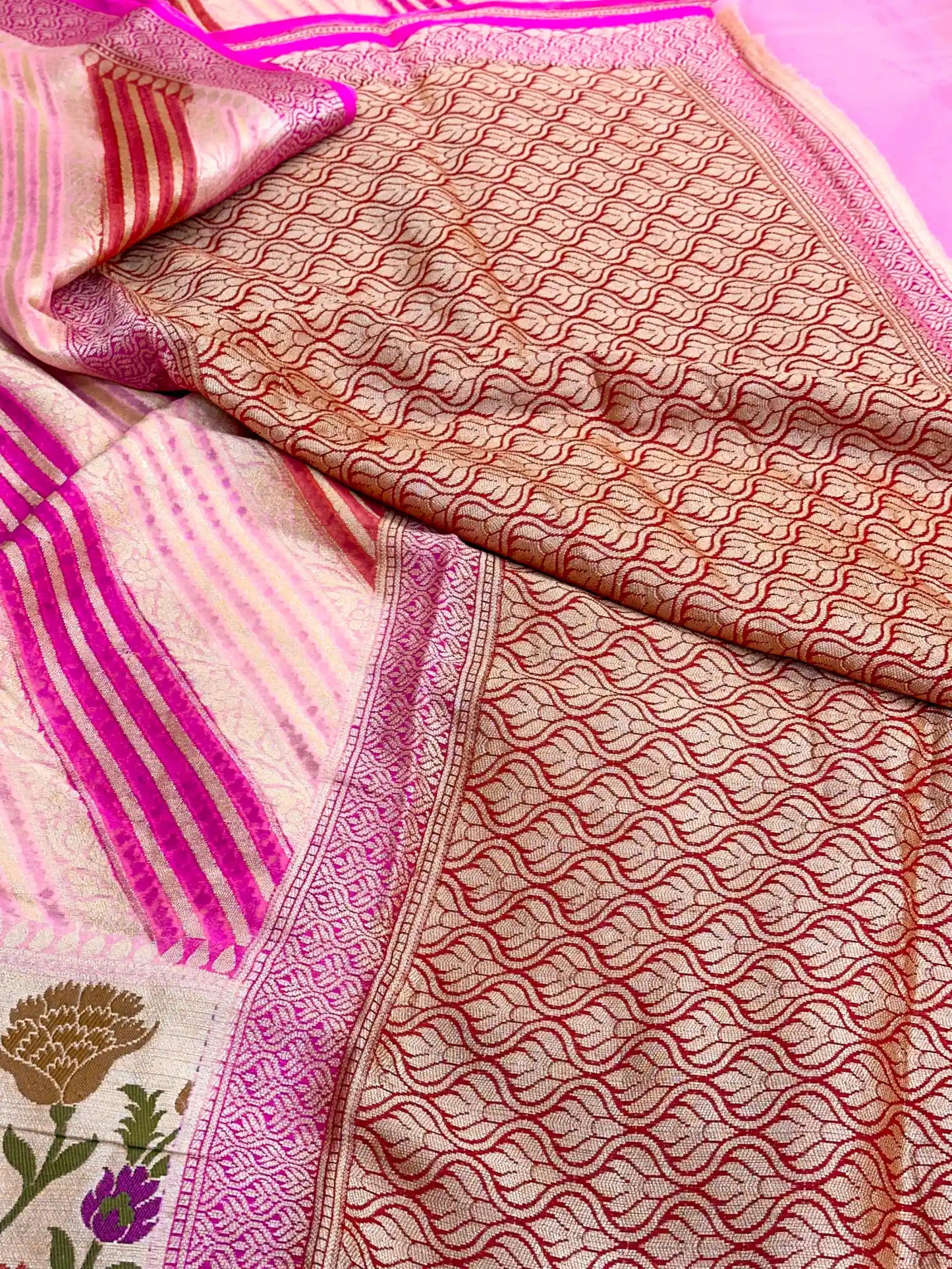 Barbie Pink Rangkat Chiffon Khaddi Banarasi Saree