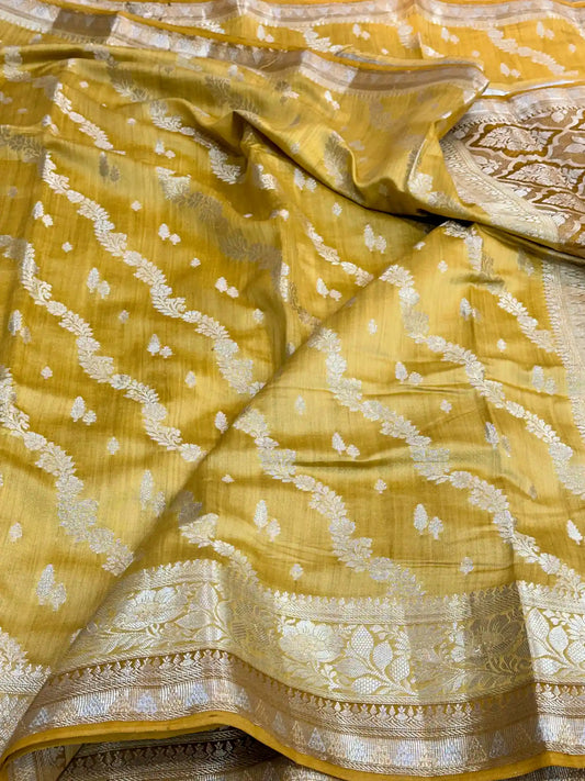 Biscotti Yellow Leheriya Pure Chiniya Silk Banarasi Saree