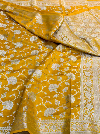 Bright Yellow Intricate Meenakari Chiniya Silk Banarasi Saree