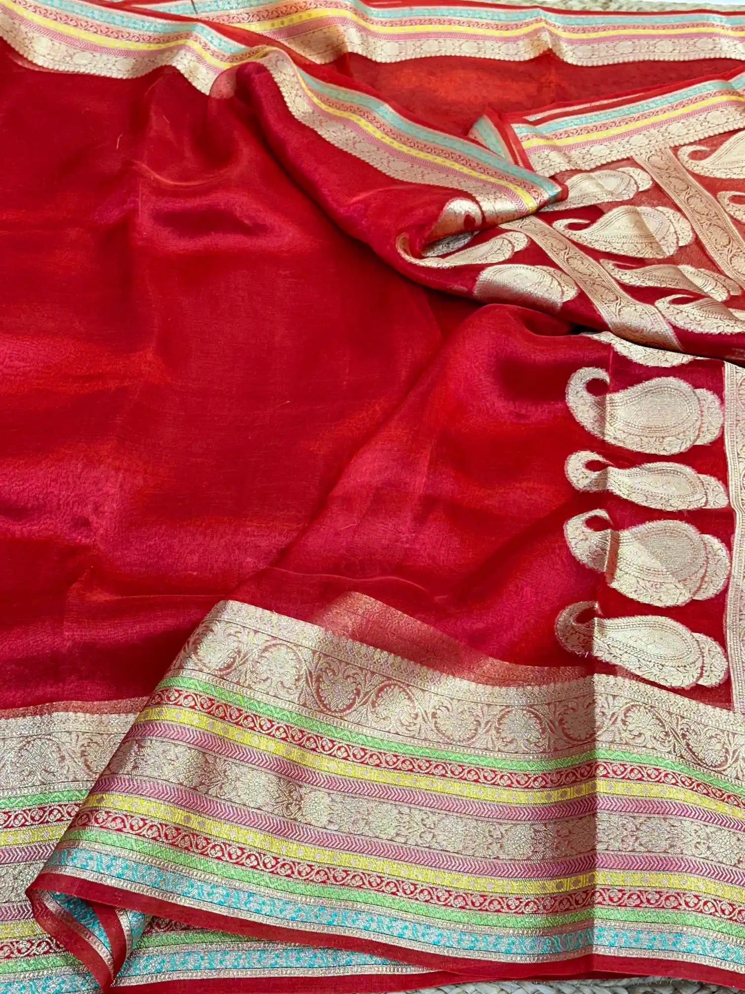 Carmine Red Pure Tissue Silk Banarasi Saree