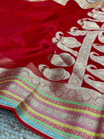 Carmine Red Pure Tissue Silk Banarasi Saree