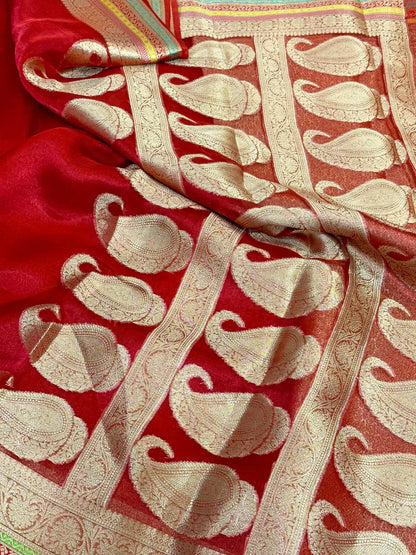 Carmine Red Pure Tissue Silk Banarasi Saree