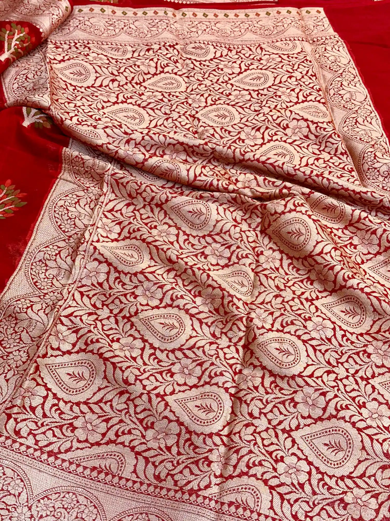 Crimson Red Chiffon Khaddi Buta Banarasi Saree