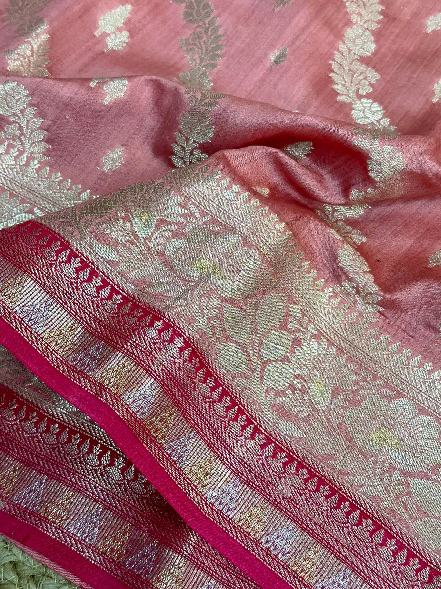 Dark Peach Leheriya Pure Chiniya Silk Banarasi Saree