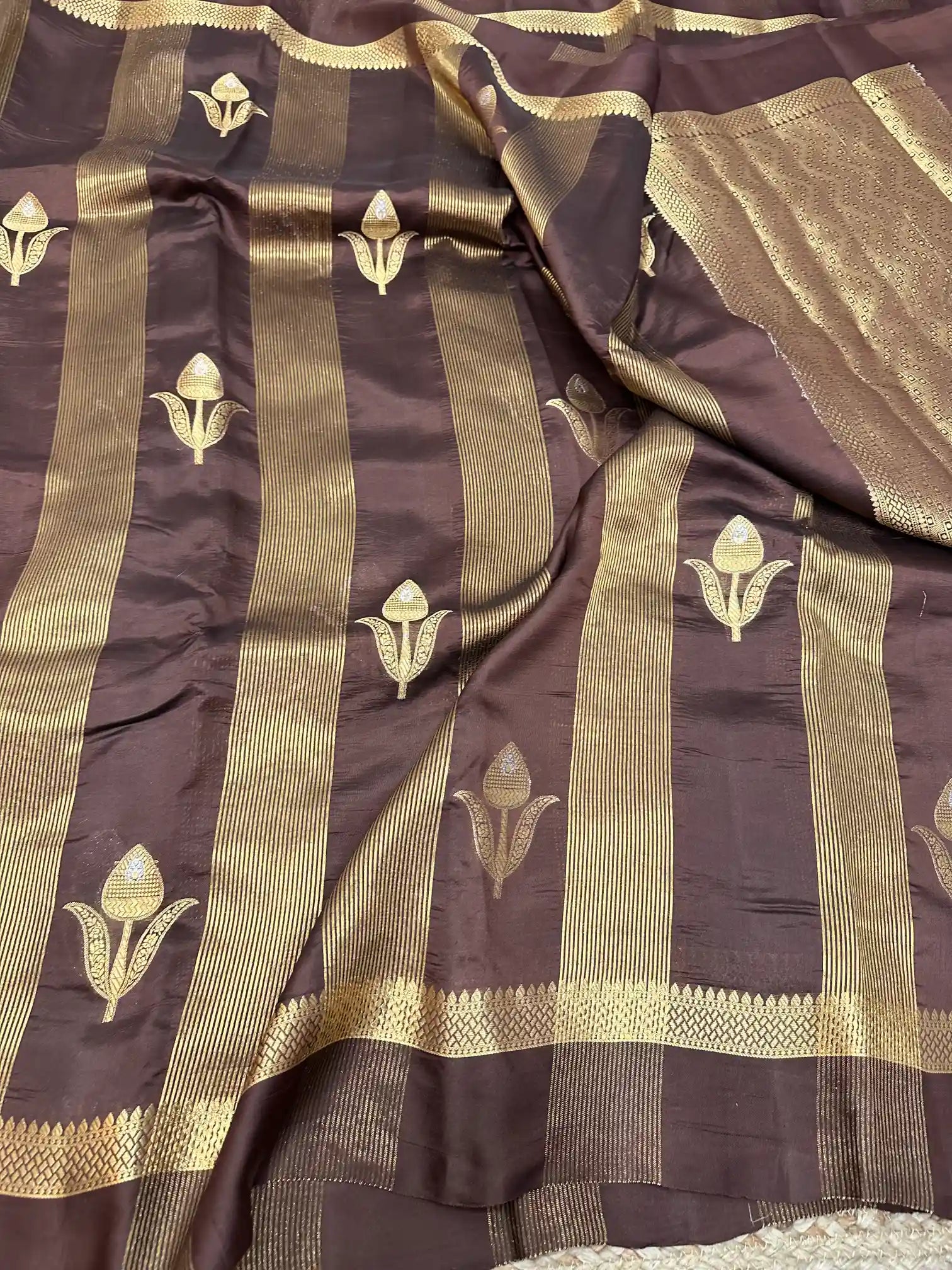 Dark Brown Raw Mango Silk Banarasi Saree