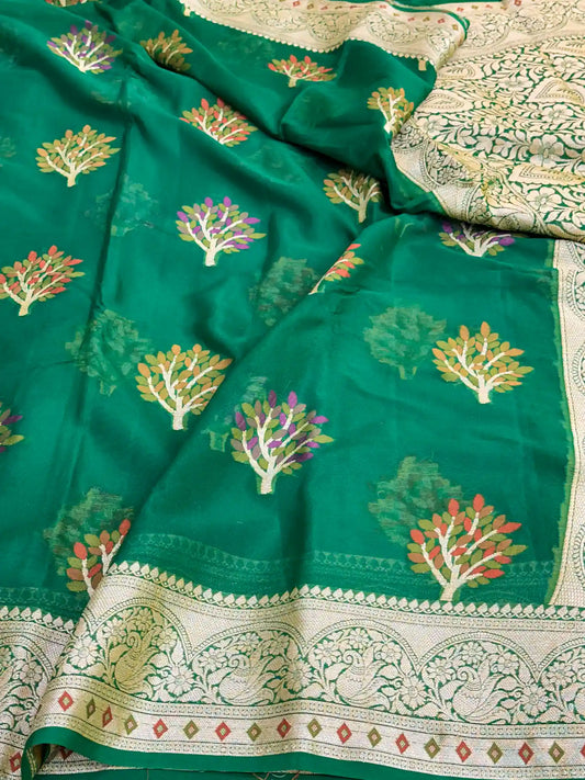 Emerald Green Chiffon Khaddi Buta Banarasi Saree