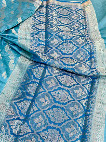 Firozi Blue Leheriya Pure Chiniya Silk Banarasi Saree