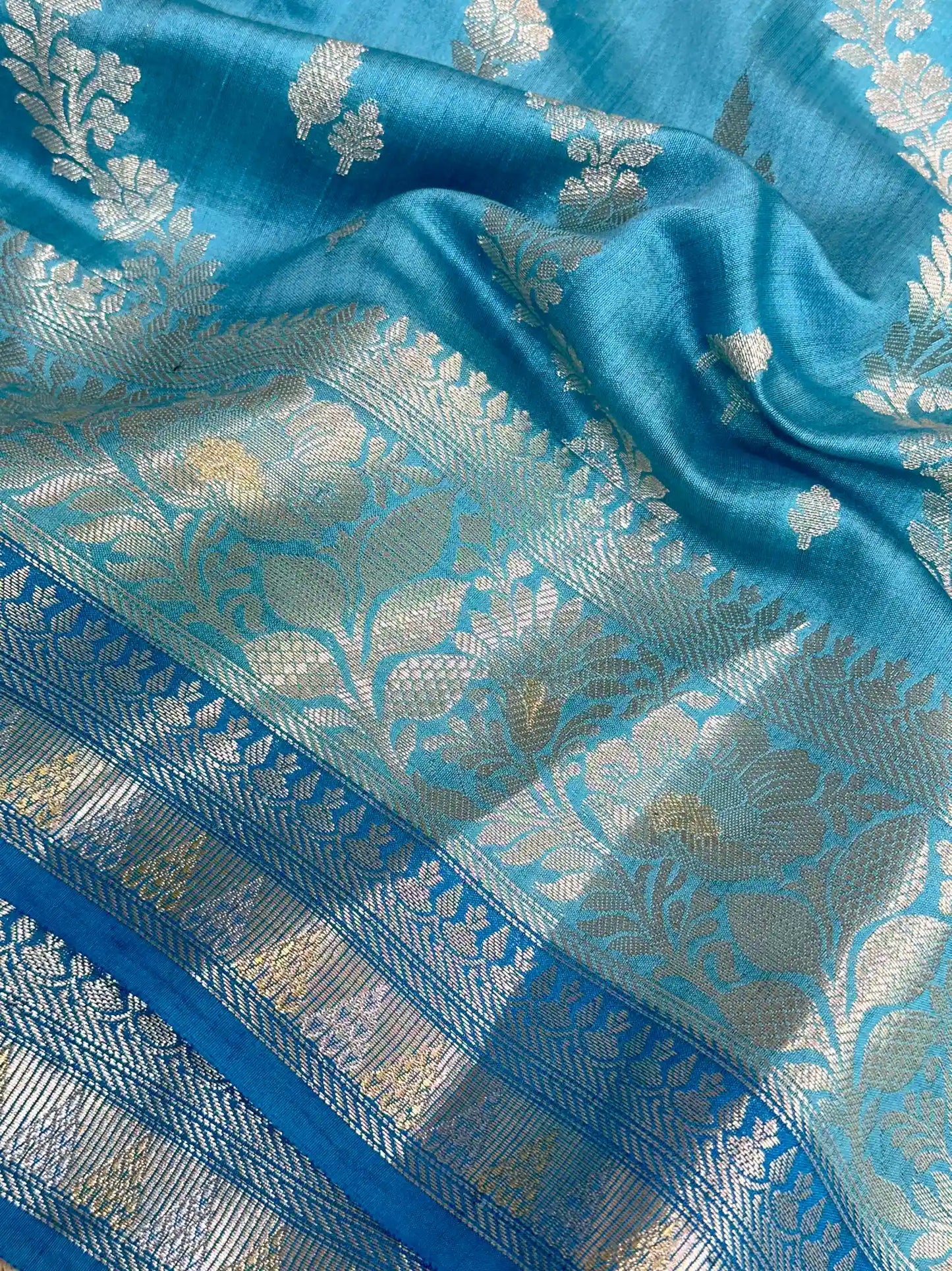 Firozi Blue Leheriya Pure Chiniya Silk Banarasi Saree