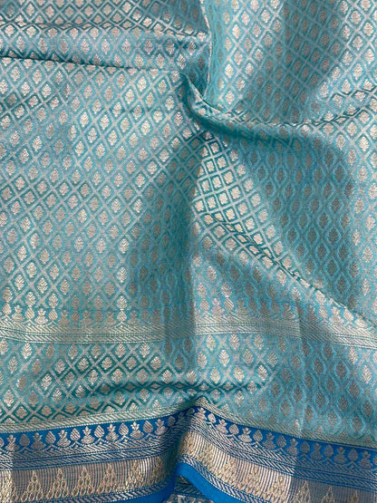 Firozi Blue Leheriya Pure Chiniya Silk Banarasi Saree