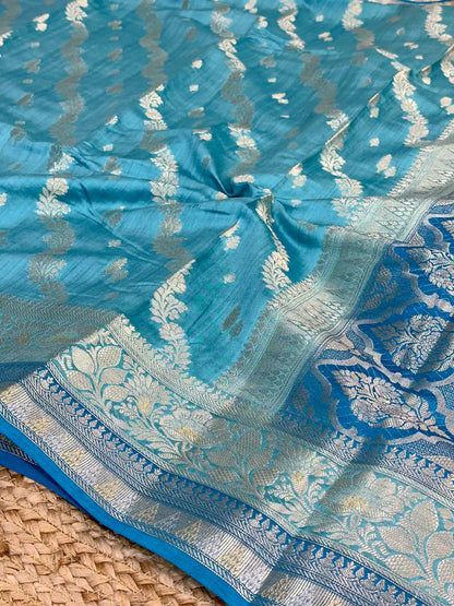 Firozi Blue Leheriya Pure Chiniya Silk Banarasi Saree