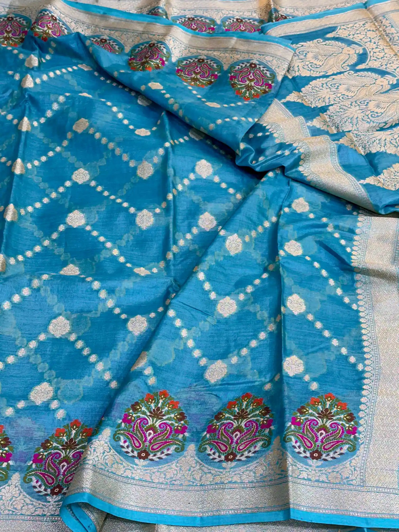 Firozi Blue Pure Tussar Silk Banarasi Saree