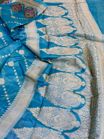 Firozi Blue Pure Tussar Silk Banarasi Saree