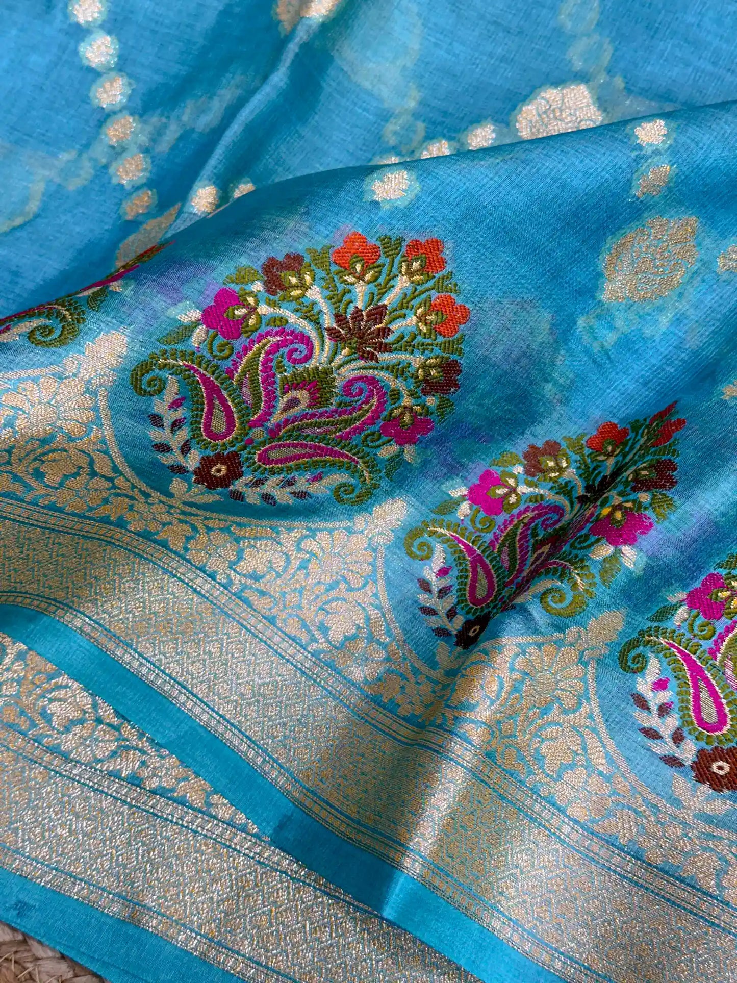 Firozi Blue Pure Tussar Silk Banarasi Saree