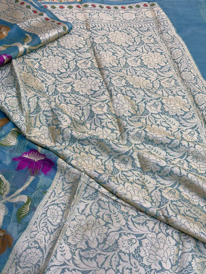 Firozi Blue Shade Floral Chiffon Silk Banarasi Saree