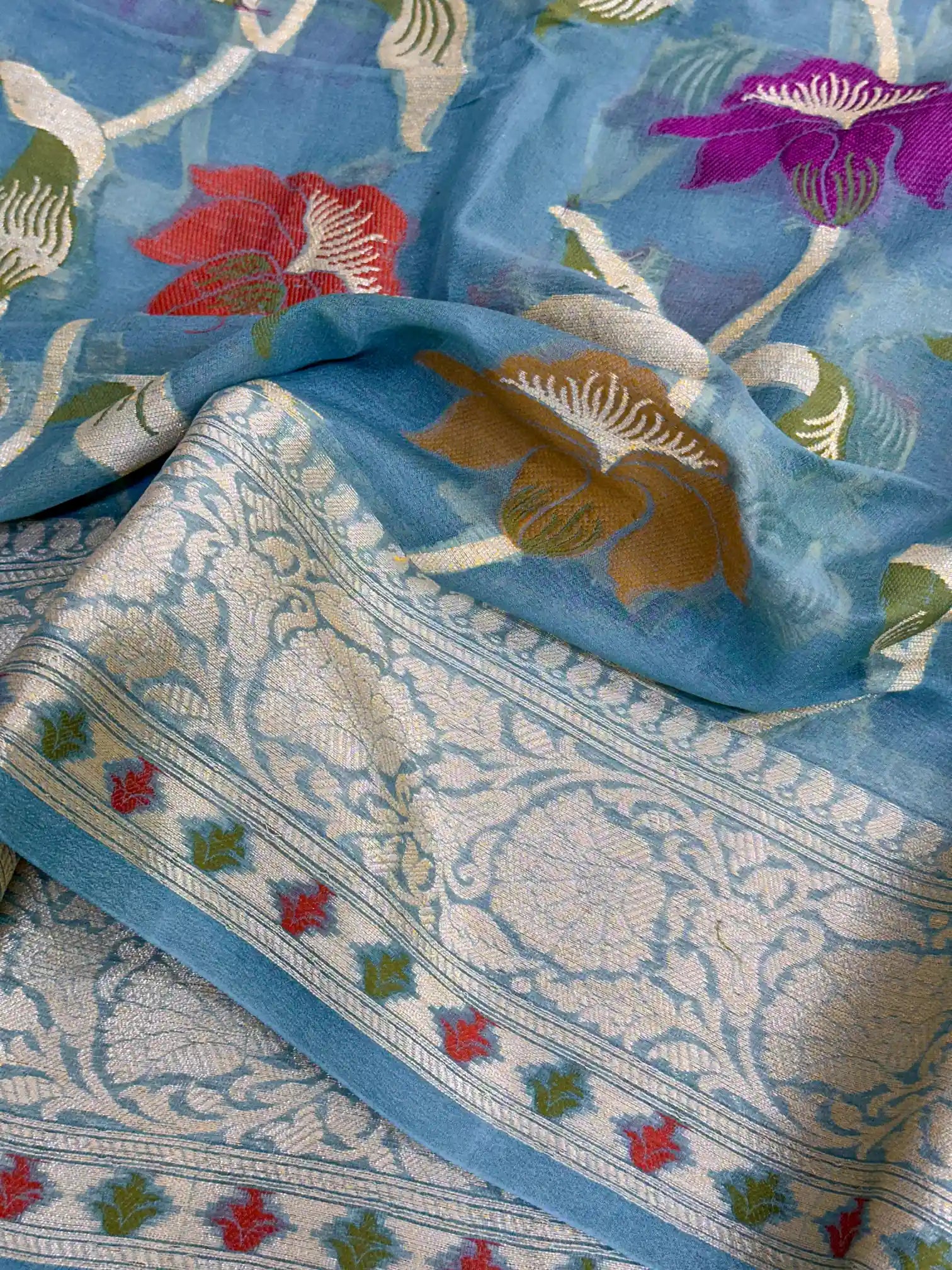 Firozi Blue Shade Floral Chiffon Silk Banarasi Saree