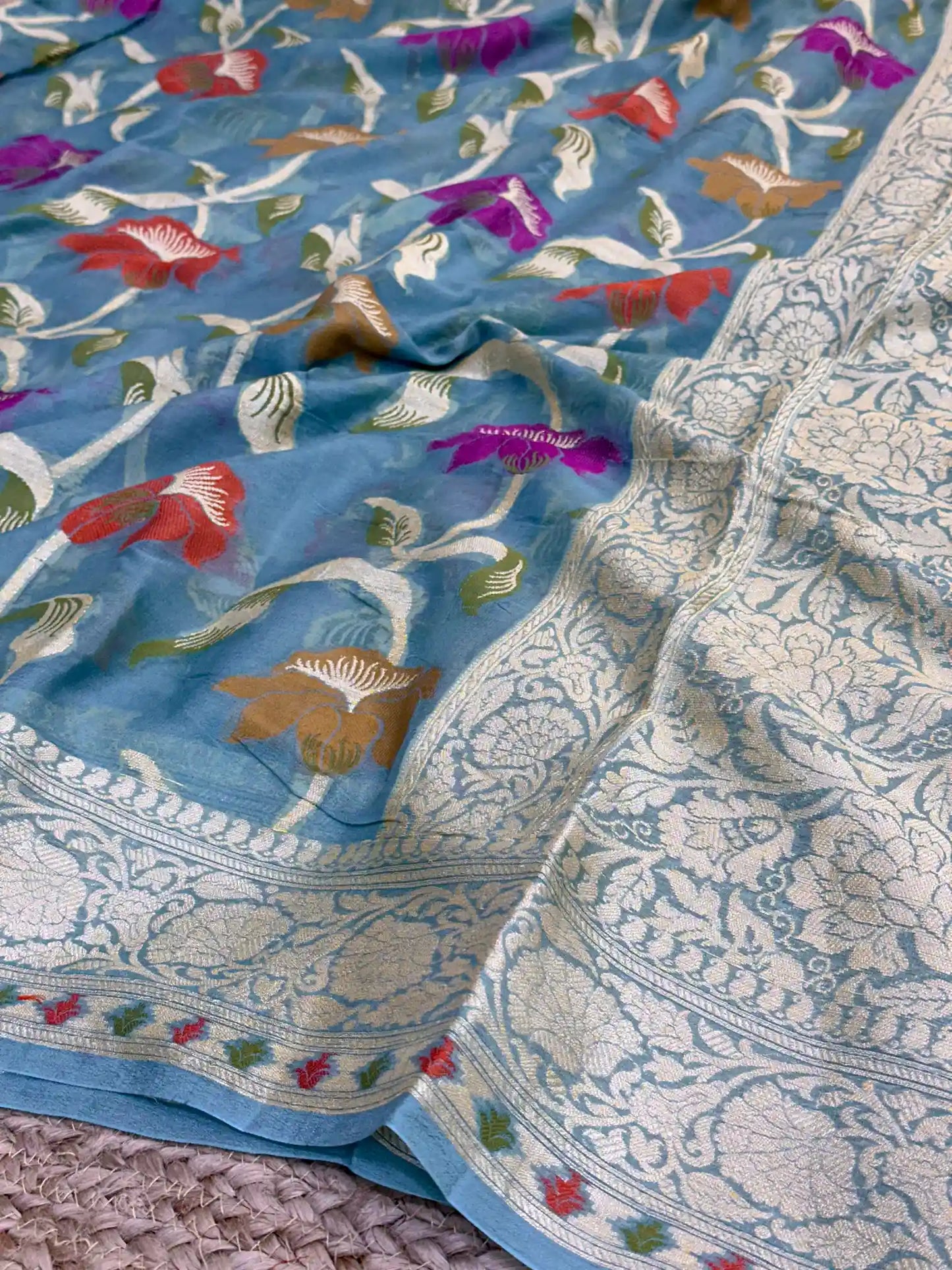 Firozi Blue Shade Floral Chiffon Silk Banarasi Saree