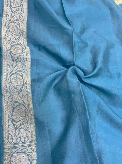 Firozi Blue Shade Floral Chiffon Silk Banarasi Saree