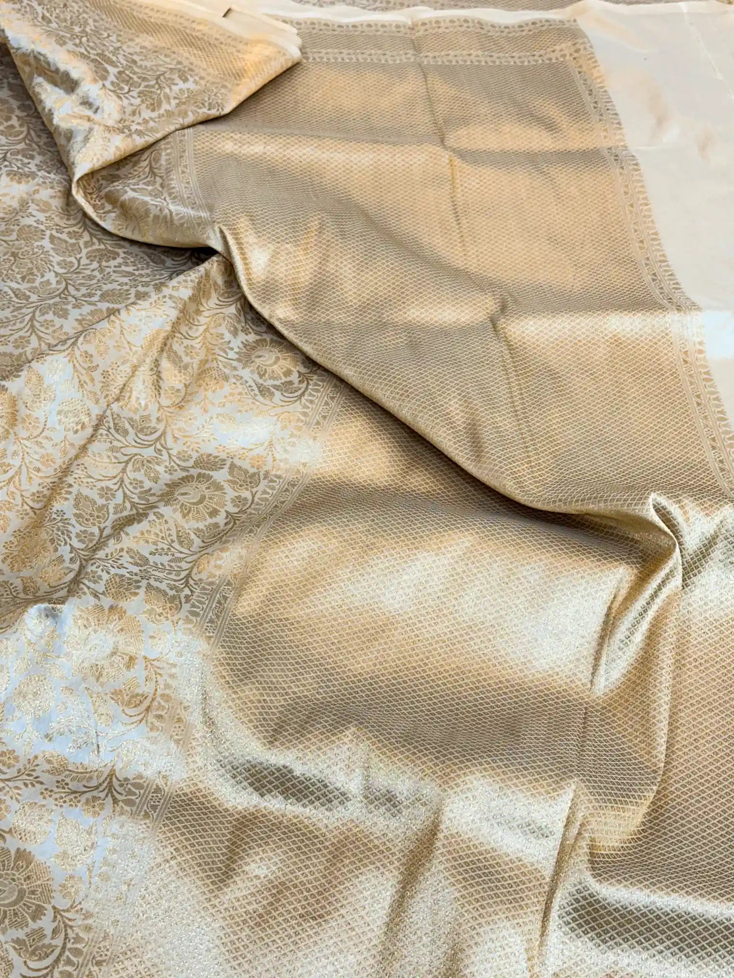 Ivory Floral Embossed Pure Katan Silk Saree