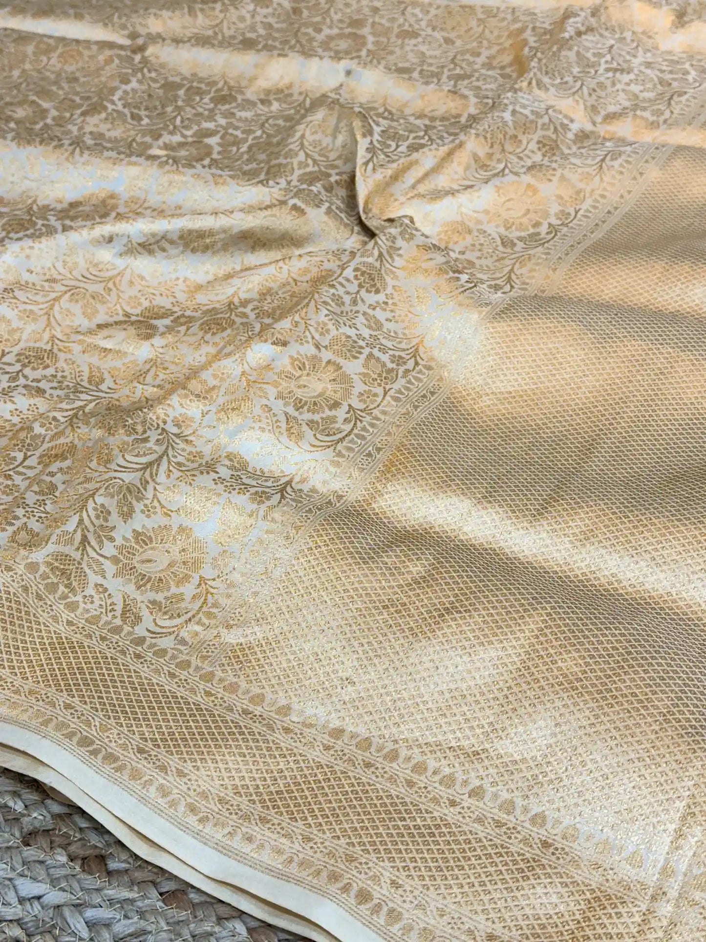 Ivory Floral Embossed Pure Katan Silk Saree