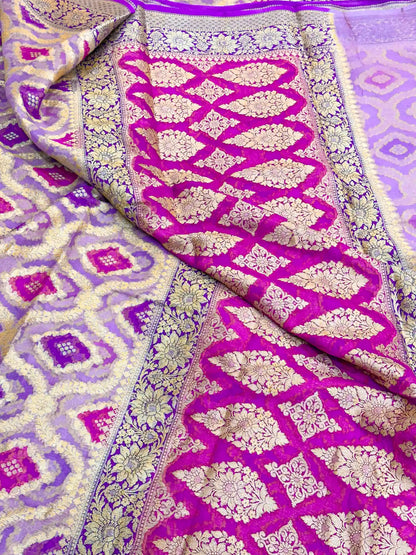 Light Lavender Hand Brush Dyed Chiffon Khaddi Banarasi Saree