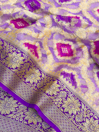 Light Lavender Hand Brush Dyed Chiffon Khaddi Banarasi Saree 