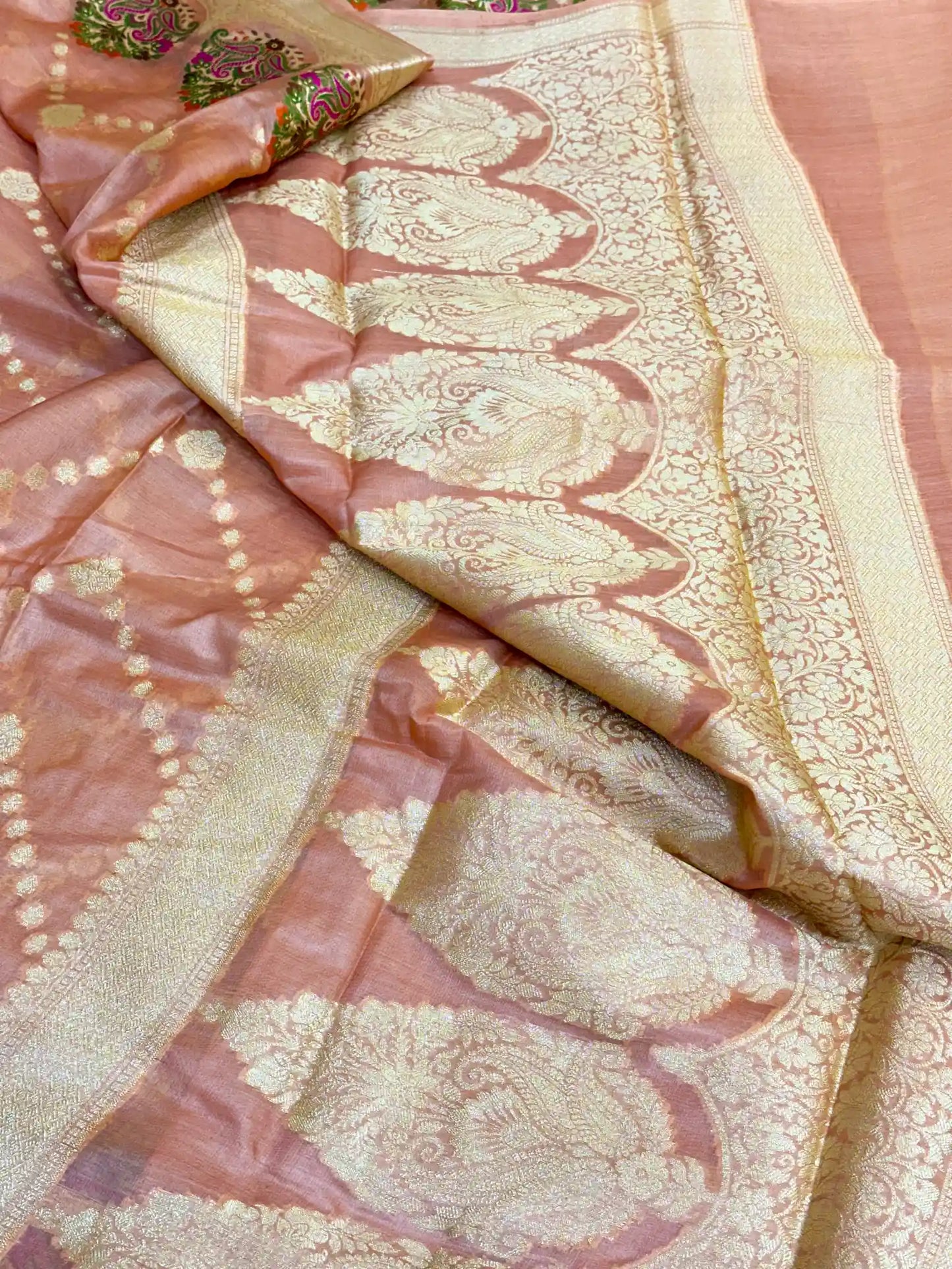 Light Peach Meenakari Pure Tussar Silk Saree