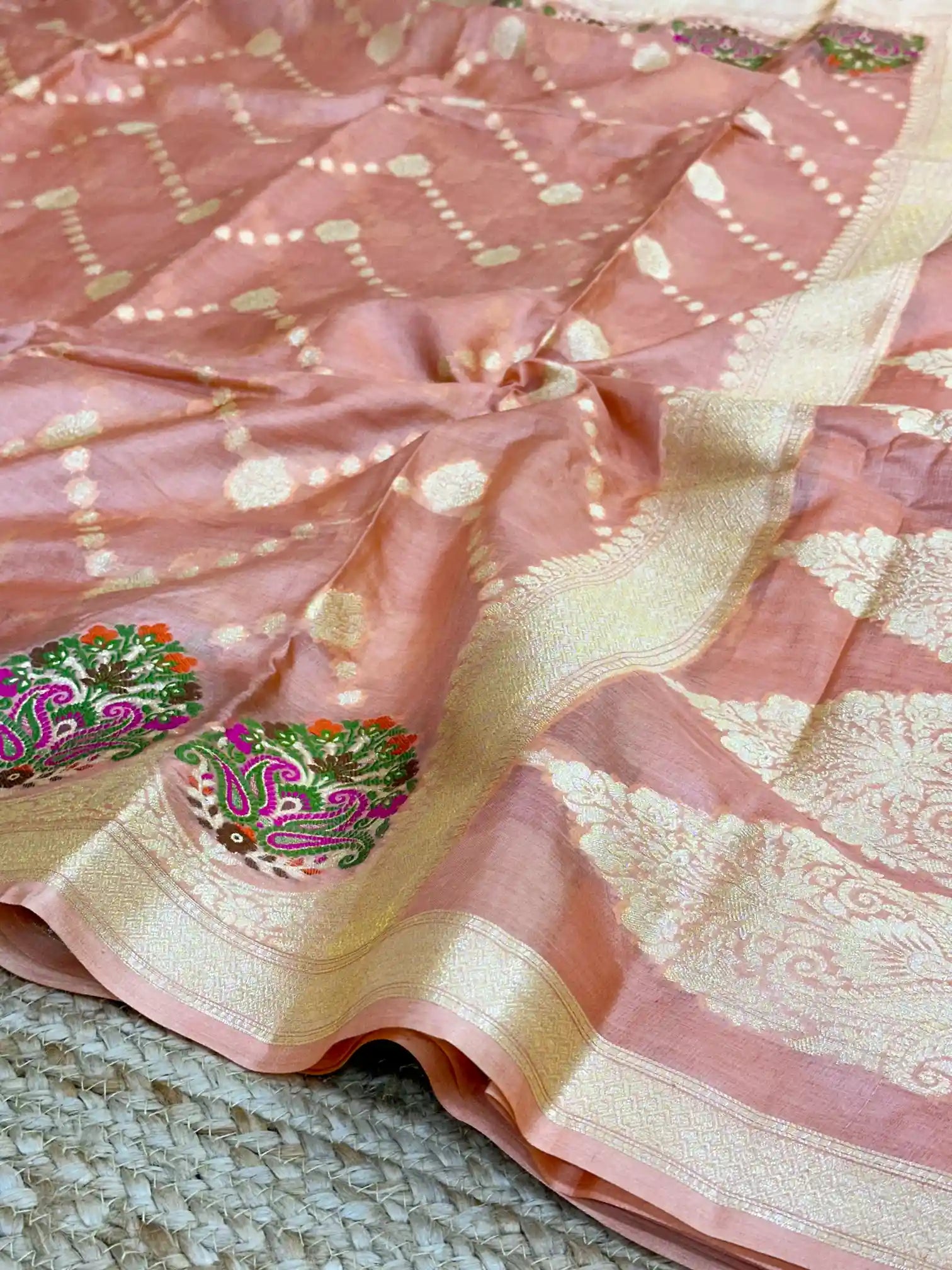 Light Peach Meenakari Pure Tussar Silk Saree