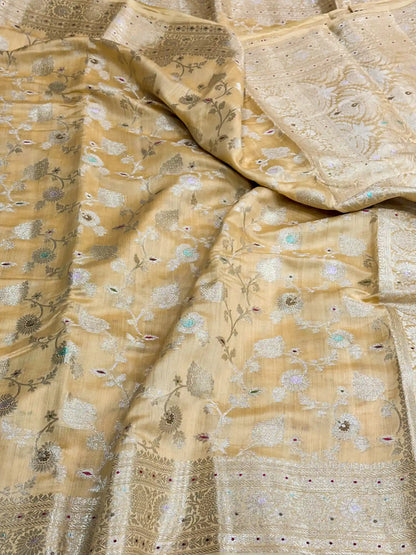 Light Mustard Intricate Meenakari Chiniya Silk Saree