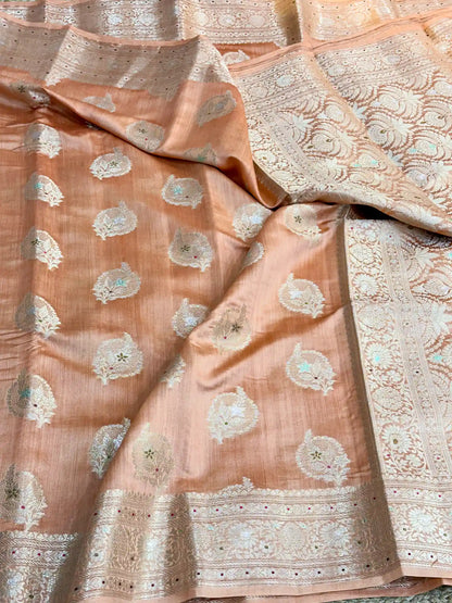 Light Peach Meenakari Buta Chiniya Silk Saree