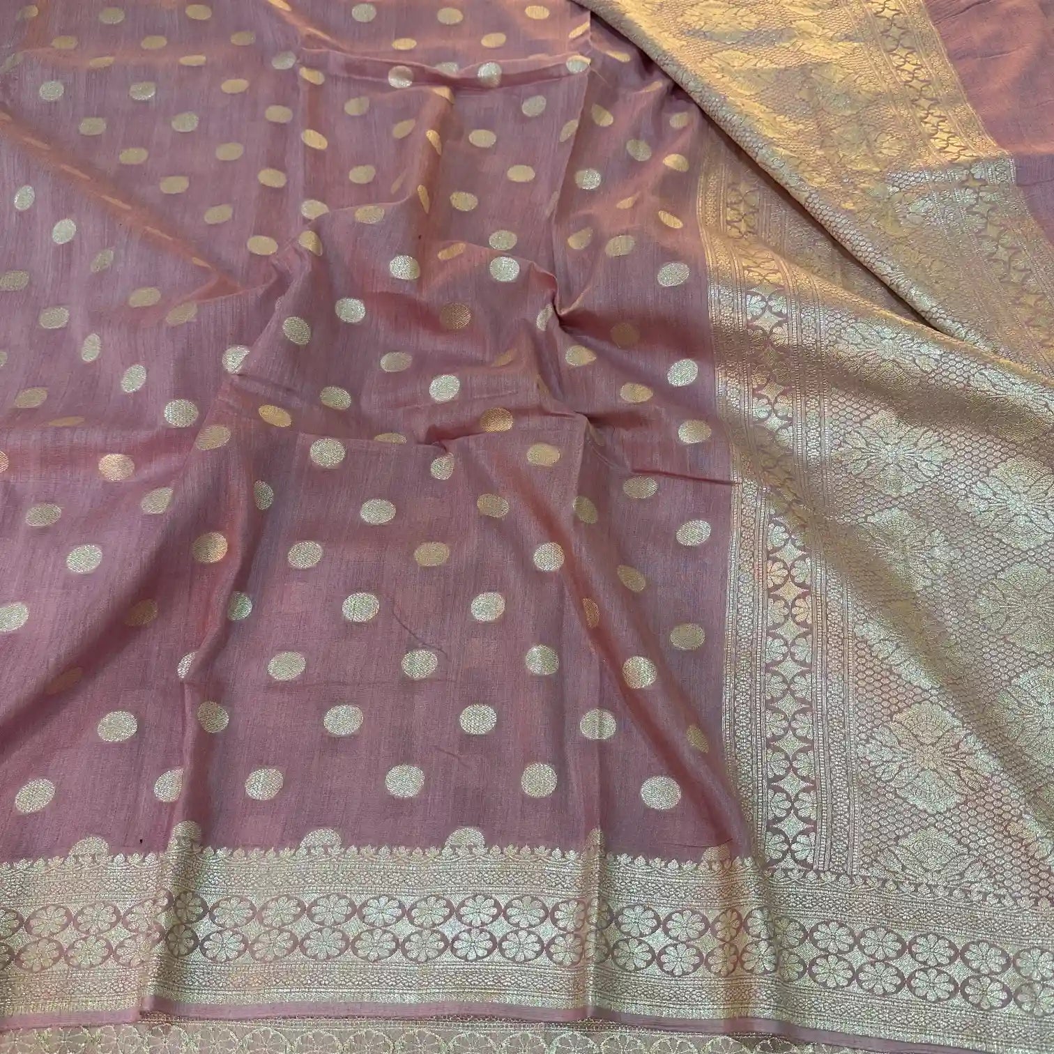 Mauve Pink Polka Dota Munga Silk Saree