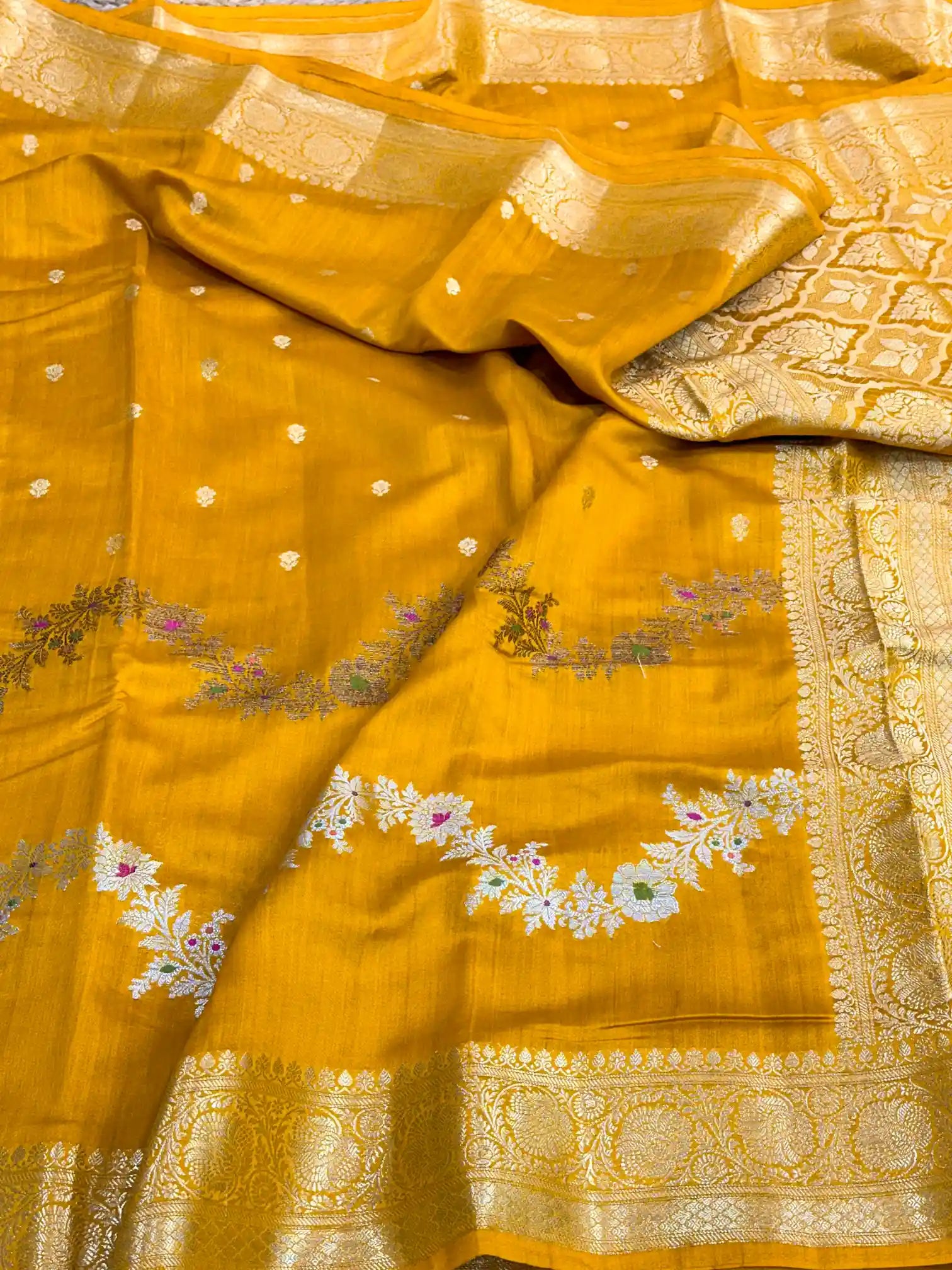 Mustard Yellow Meenakari Leheriya Chiniya Silk Saree