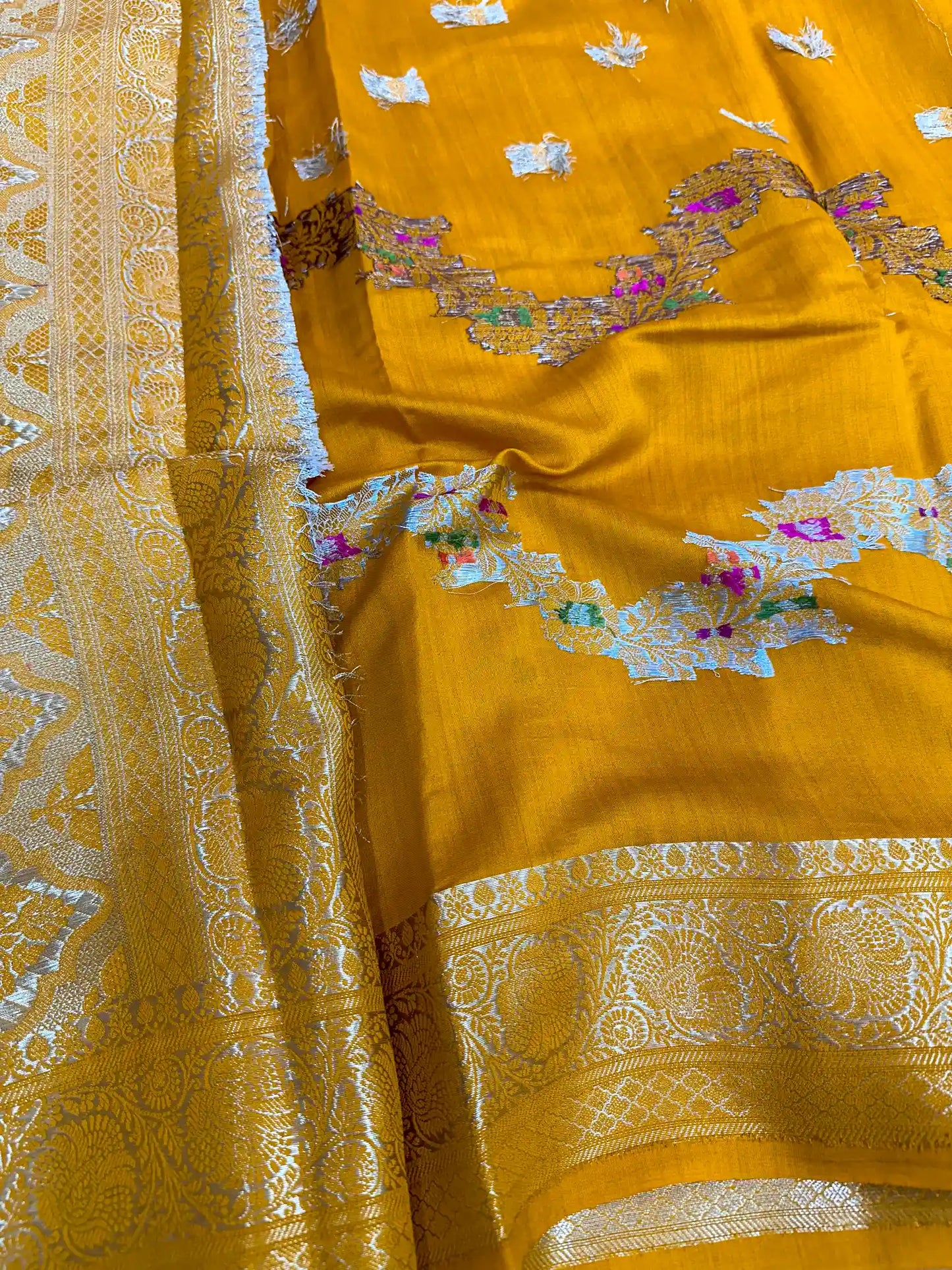 Mustard Yellow Meenakari Leheriya Chiniya Silk Saree