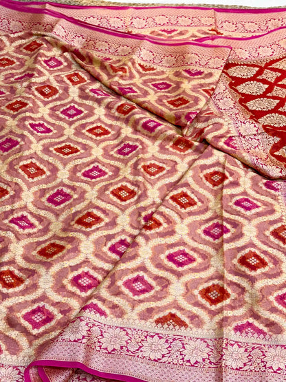 Orange Pink Hand Brush Dyed Chiffon Khaddi Banarasi Saree