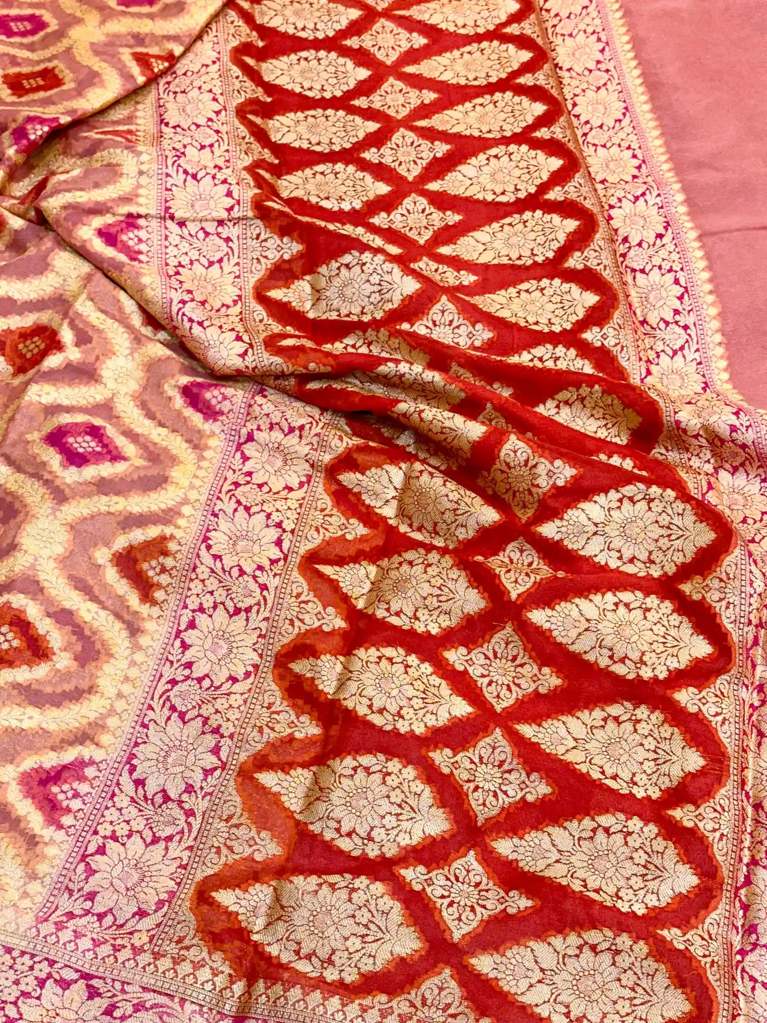 Orange Pink Hand Brush Dyed Chiffon Khaddi Banarasi Saree