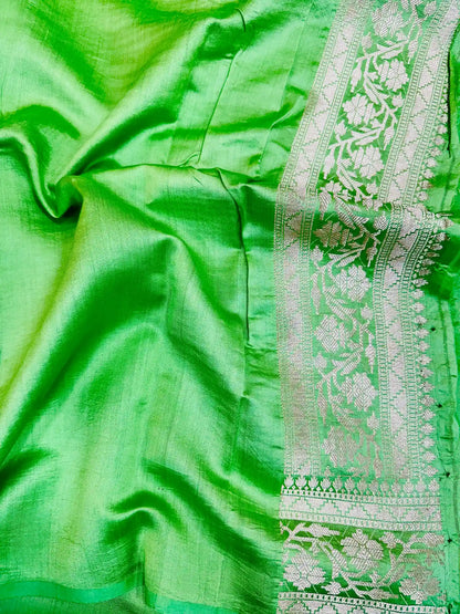 Dual Green Handbrush Dyed Pure Chiniya Silk Banarasi Saree