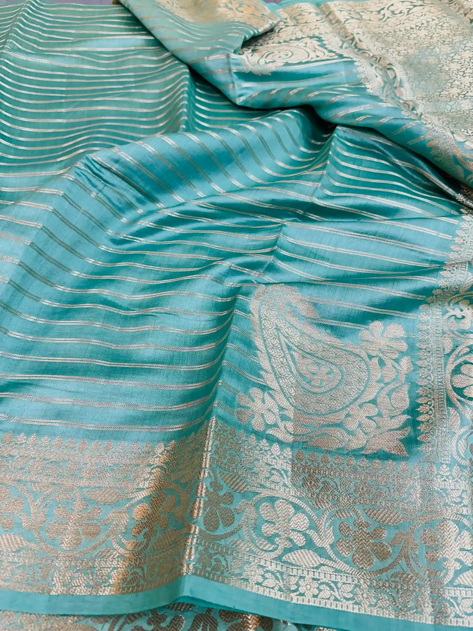 Sea Green Striped Pure Chiniya Silk Banarasi Saree 4