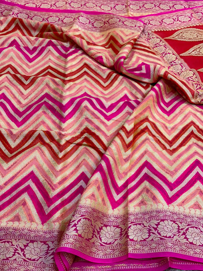 Pretty Pink Rangkat Handbrush Dyed Zig Zag Chiffon Banarasi Saree