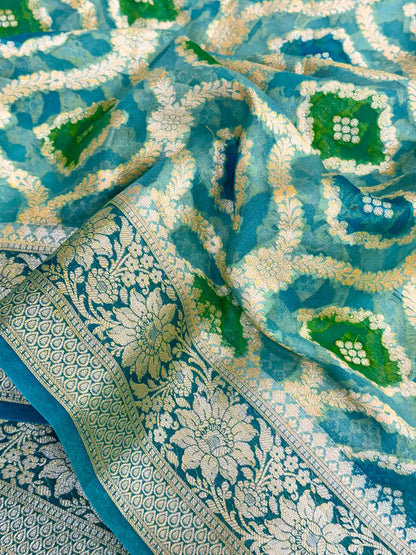 Rama Green Hand Brush Dyed Chiffon Khaddi Banarasi Saree