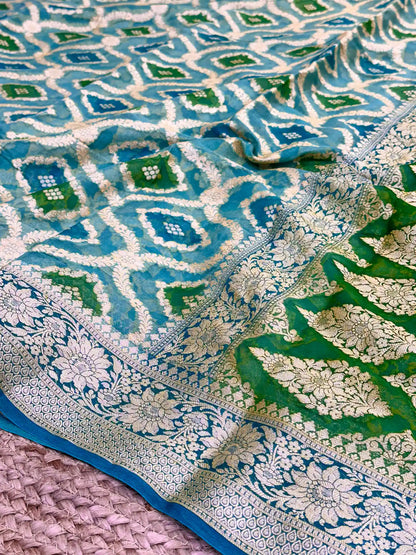 Rama Green Hand Brush Dyed Chiffon Khaddi Banarasi Saree