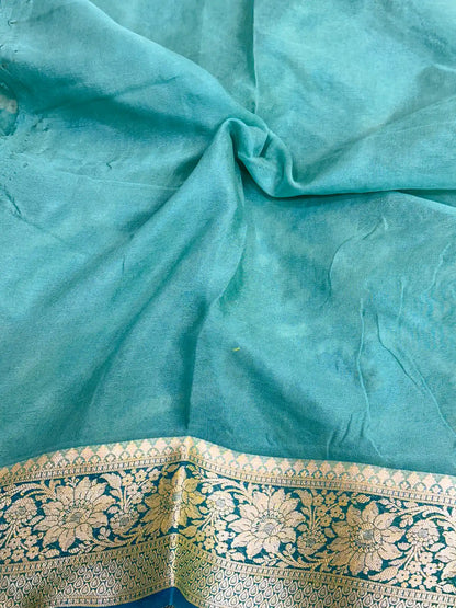 Rama Green Hand Brush Dyed Chiffon Khaddi Banarasi Saree