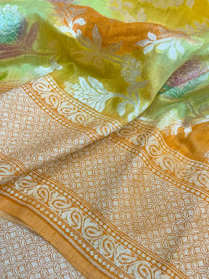 Rangkat Handbrush Dyed Munga Silk Banarasi Saree