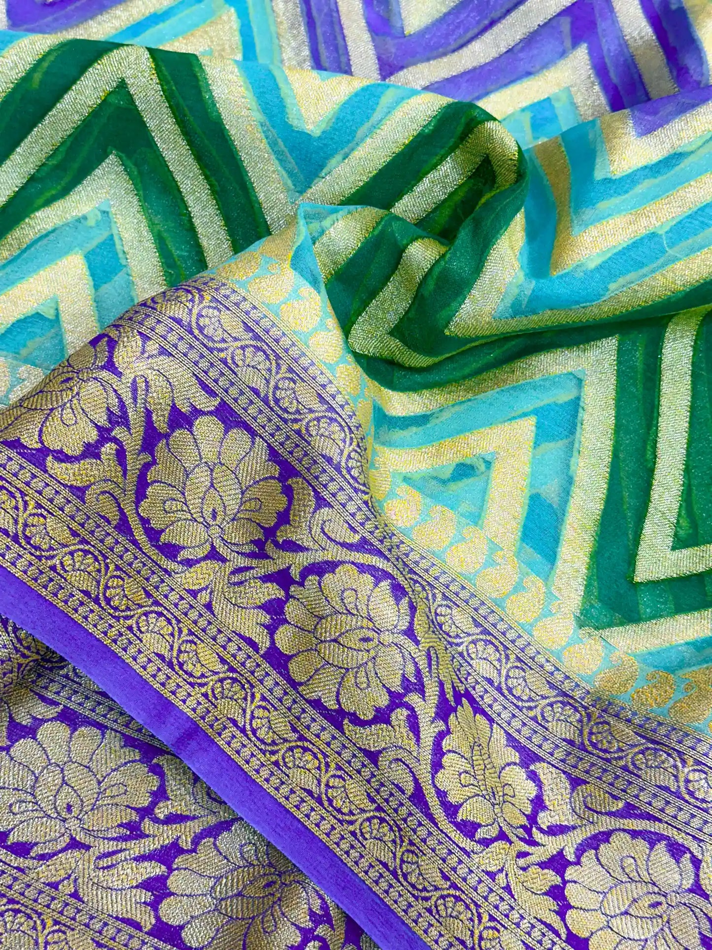 Rangkat Handbrush Dyed Zig Zag Chiffon Banarasi Saree