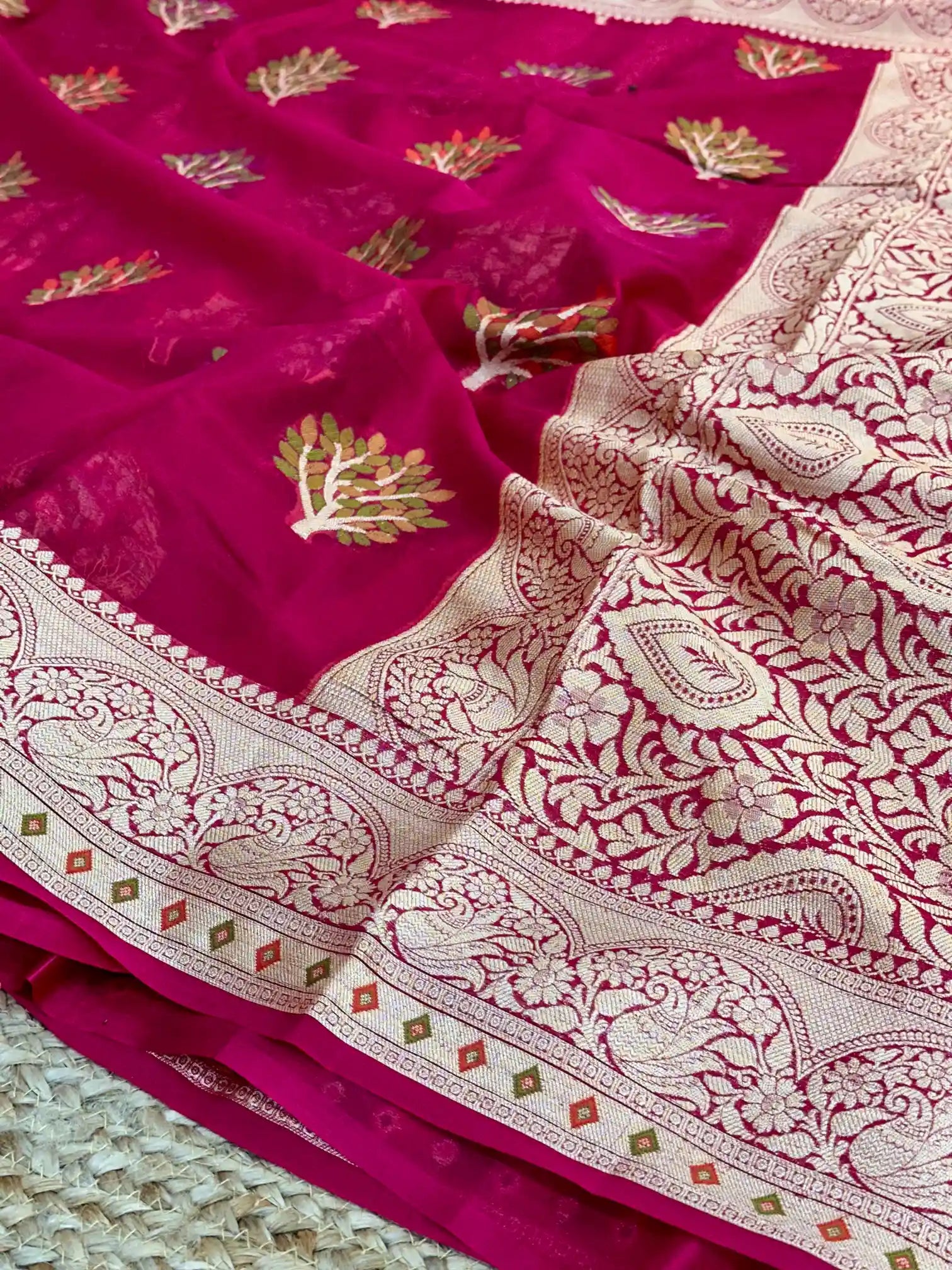 Rani Pink Chiffon Khaddi Buta Banarasi Saree