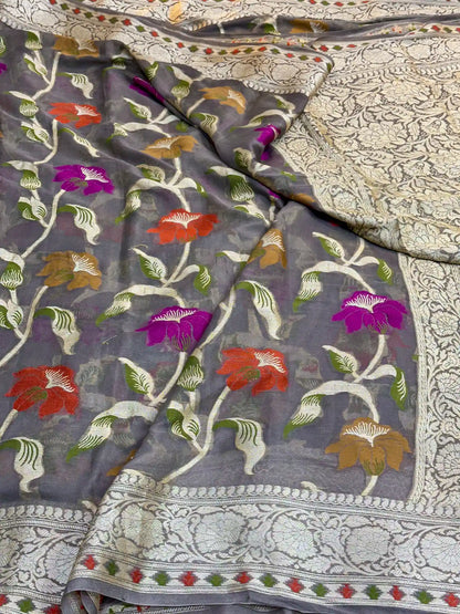 Rare Grey Shade Floral Chiffon Silk Banarasi Saree