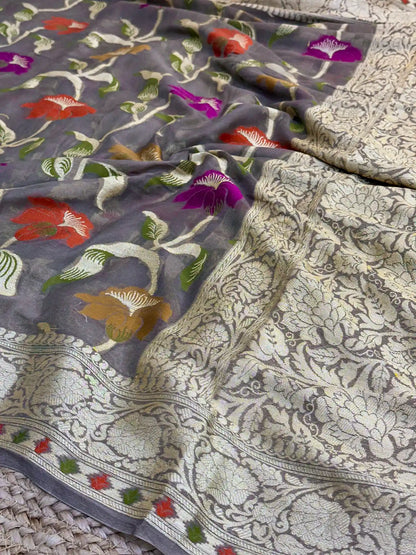 Rare Grey Shade Floral Chiffon Silk Banarasi Saree