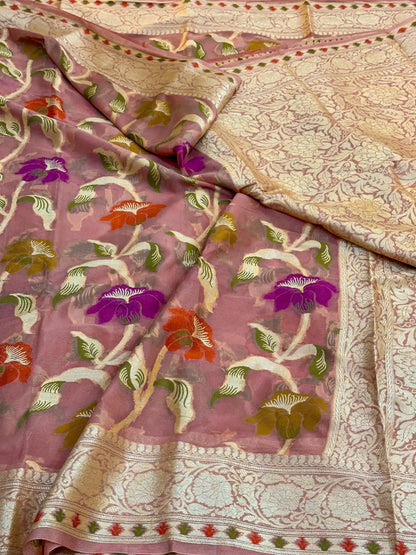 Rare Peach Shade Floral Chiffon Silk Banarasi Saree